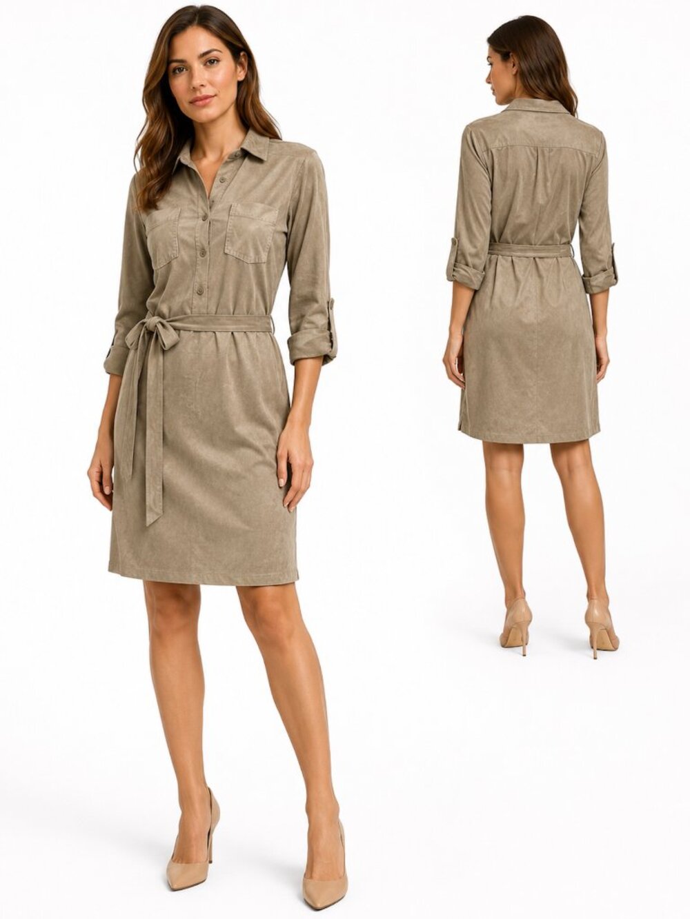 Max Studio Soft Ultra Suede Shirt Dress Tie Belt | Khaki Tan | XS